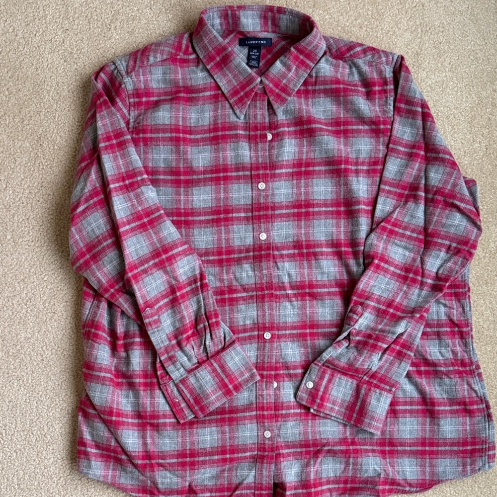 Lands' End Women’s Red and Gray Plaid Flannel Shirt